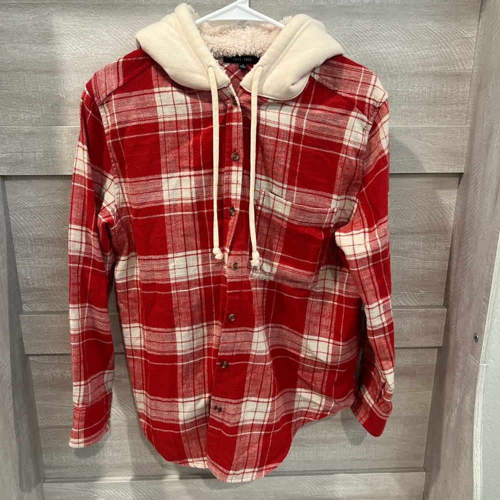 Red Plaid Button-Up Hoodie